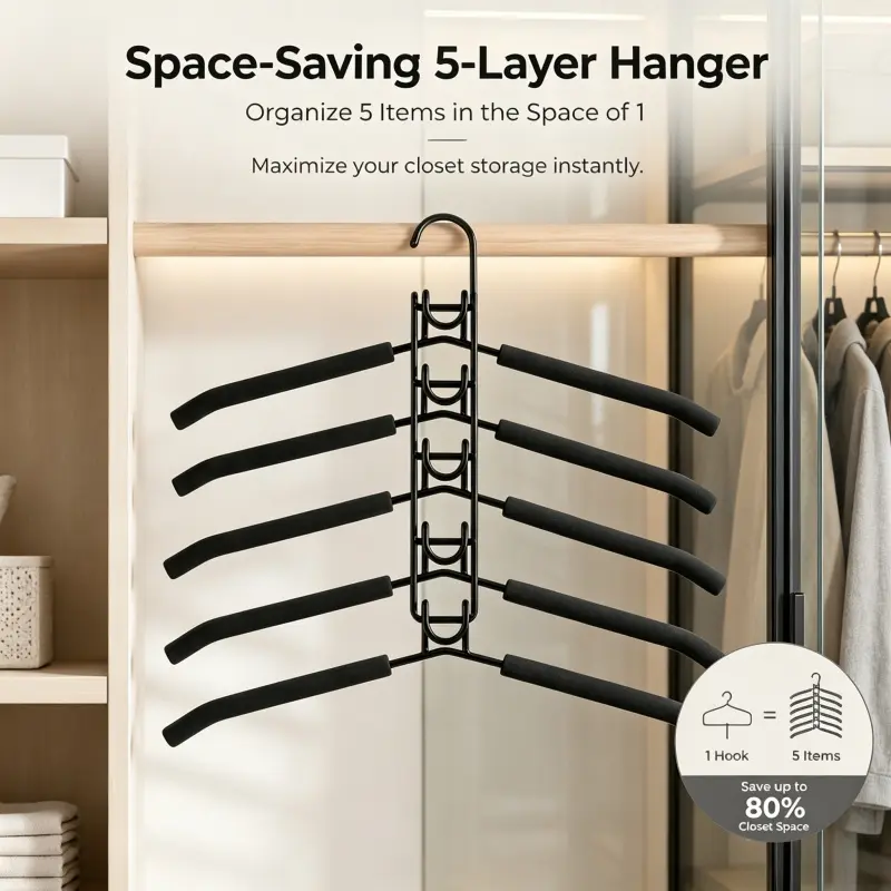 5 Tier Anti Slip Sponge Cover Clothing Hanger Space Saving Vertical Garment Storage Rack For Shirts Dresses Pants