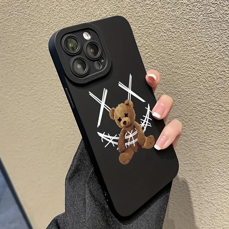 Dark Aesthetic Teddy Bear Tuff Phone Case for iPhone 11 12 13 Mini 14 15 Plus 16 E 17 Pro Max Plus E, Y2K Streetwear Cross Eyes Bear Shockproof Protective Cover
