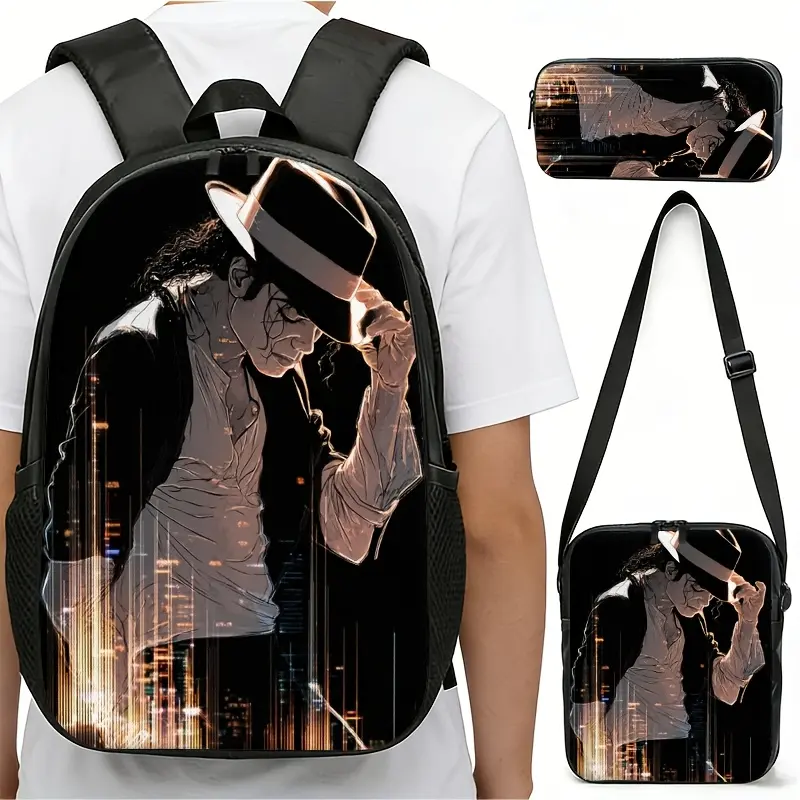 3-Piece Teen Water Resistant Backpack Set, Michael Jackson White Fedora City Light Silhouette Black Background Print Backpack Crossbody Bag Pencil Case 600D Oxford Pop King Music Fans Daily Use