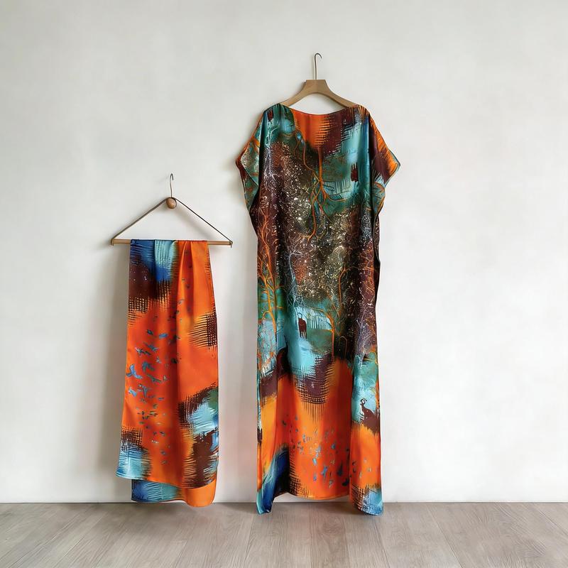 Floral Print Dress with Scarf, Elegant Casual Robe Dress, Loose Fitting Long Maxi Skirt with Short Sleeves, Women's Summer Lounge Wear Two Piece Set Floral Print Dress with Scarf, Elegant Casual Robe Dress, Loose Fitting Long Maxi Skirt with Short Sleeves, Women's Summer Lounge Wear Two Piece Set