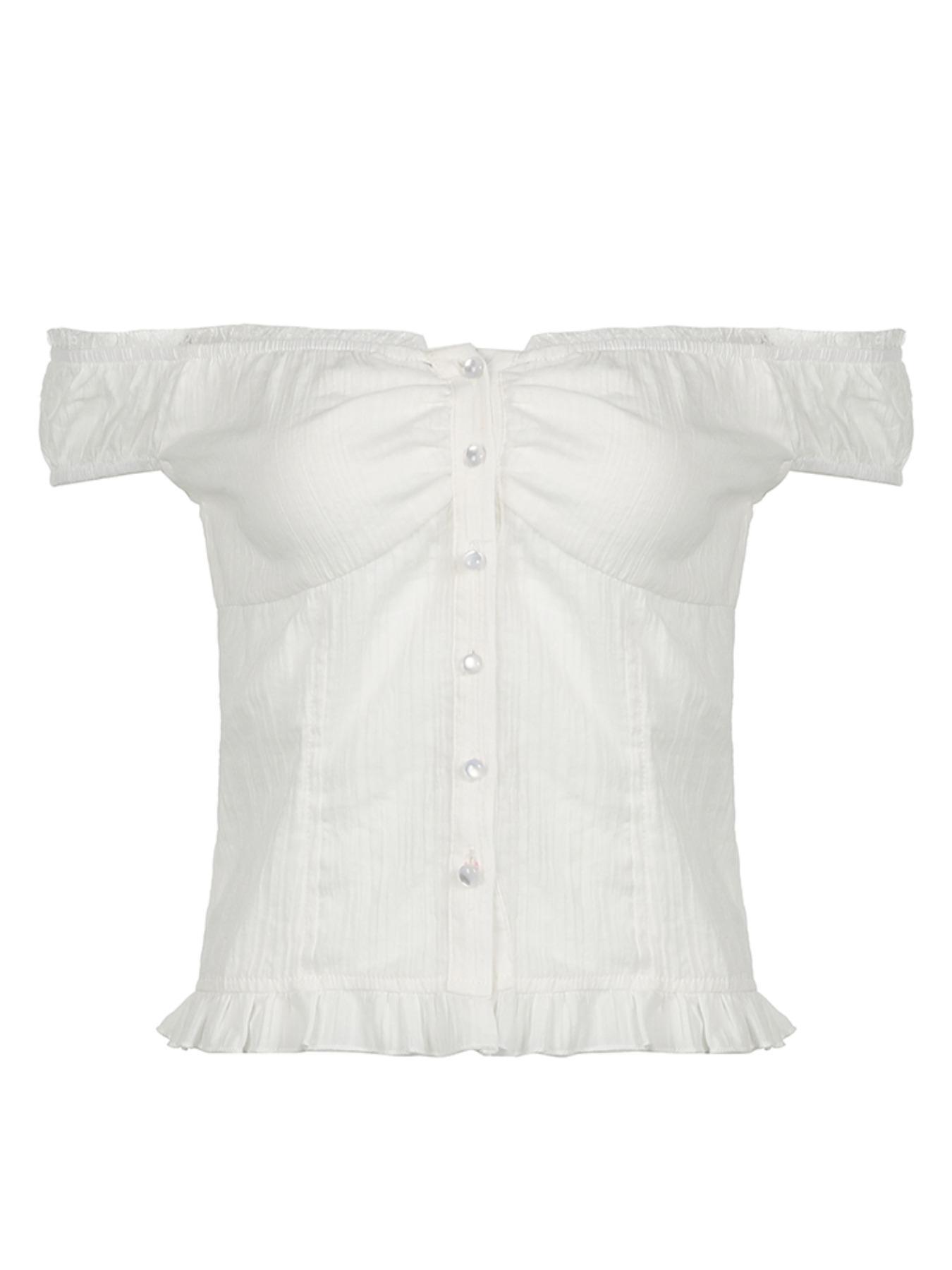 Women's Sweet Cute Ruffle Button Front Off Shoulder Blouse Shirts, Slim-Fitting Short Sleeve V Neck Top, Plain Texture Shirt for Casual Wear