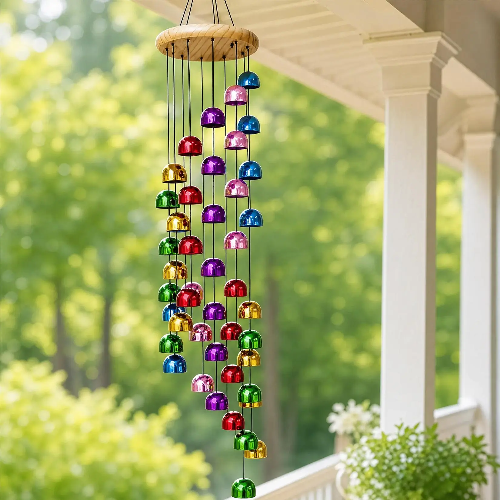 Handmade 30 Inch Wind Chimes for Outdoor Garden Decor - Copper & Wood Outdoor Windchime, Layered Bell Design Metal Bells, Natural Wood Top, Weather-Resistant, Nylon Hanging Rope