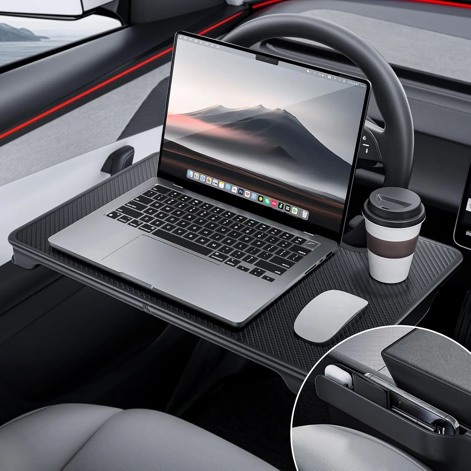 2-in-1 Car Steering Wheel Desk Tray, Foldable Carbon Fiber Laptop Table with Seat Gap Organizer Storage Box for Food, Work & Travel
