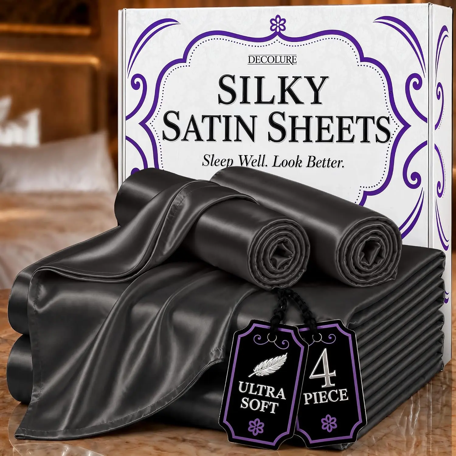 Bed Sheets - 4 Piece Luxury Queen Size Bedding Set - Softer Than Silk, Wrinkle-Free with 15" Deep Fitted Sheet, Perfect for Hair & Skin, Gifts for Women (Stone Grey)
