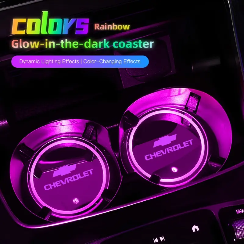 2Pcs Car Glowing Coasters LED Light Water Cup Mat Car Interior Accessories For Chevrolet Corvette Montana TrailBlazer Silverado Traverse Camaro Suburban Equinox Bolt Cruze Malibu Colorado Trax SS Spark Captiva Onix Spin Impala Cobalt