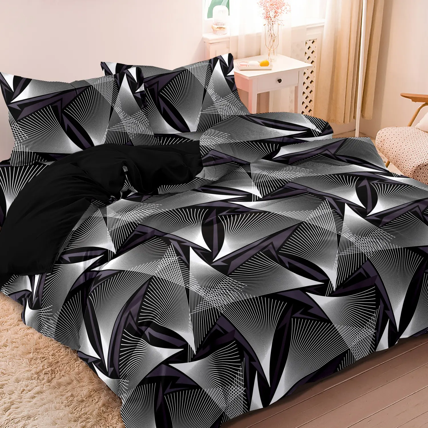 Black White Grey Geometric Triangle Print 3 Pieces Duvet Cover Set, Modern Abstract Line Radiant Fan Shape Minimalist Print Bedding, Soft Microfiber Contemporary Urban Bedroom Decor (1 Duvet Cover + 2 Pillowcases, No Comforter No Pillow)