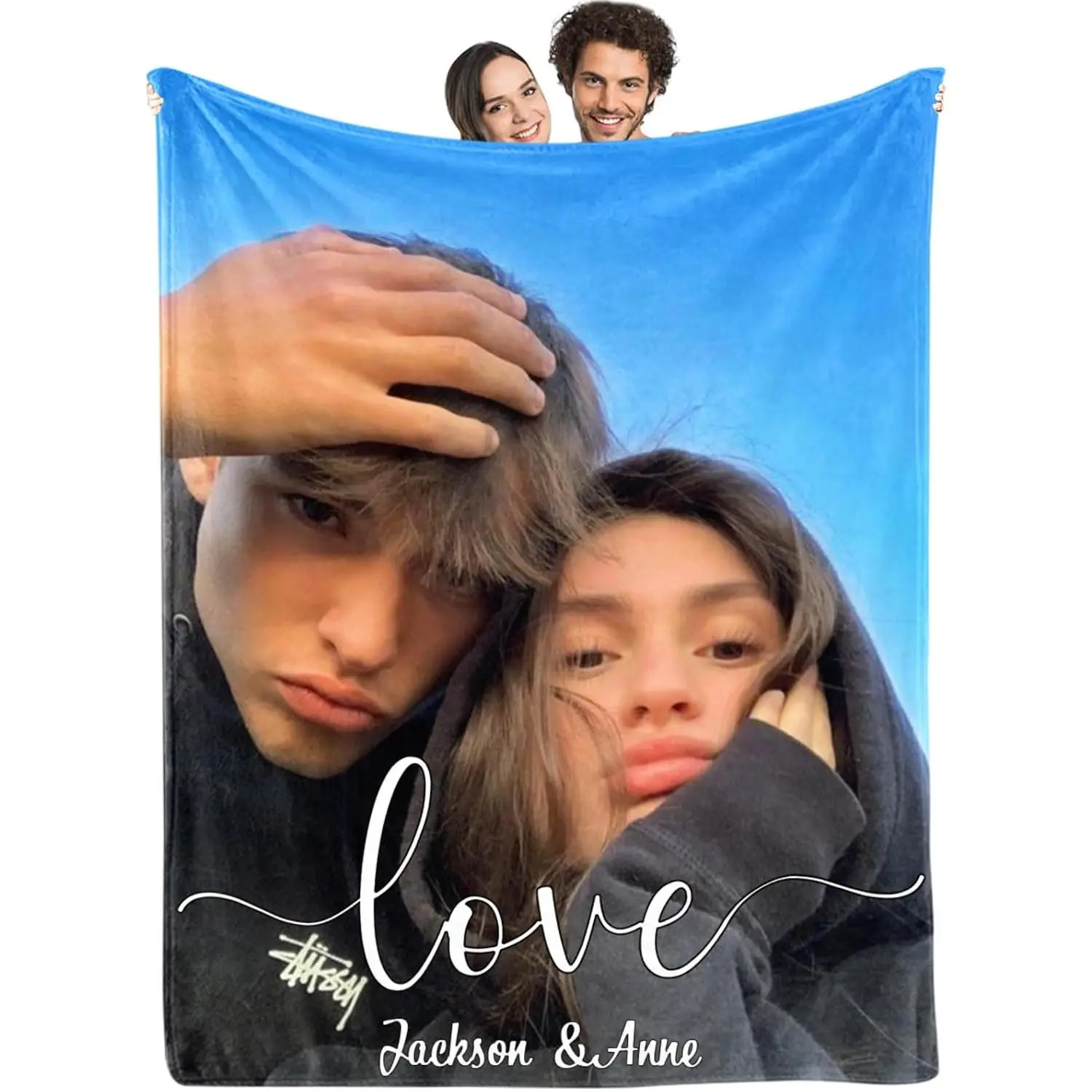 Custom Photo Flannel Throw Blanket, Full-Image Seamless Couples Blanket with Romantic "Love" Script Design & Personalized Names, Soft Cozy Warm Blanket for Anniversary, Valentine’s Day, Engagement & Wedding Gift