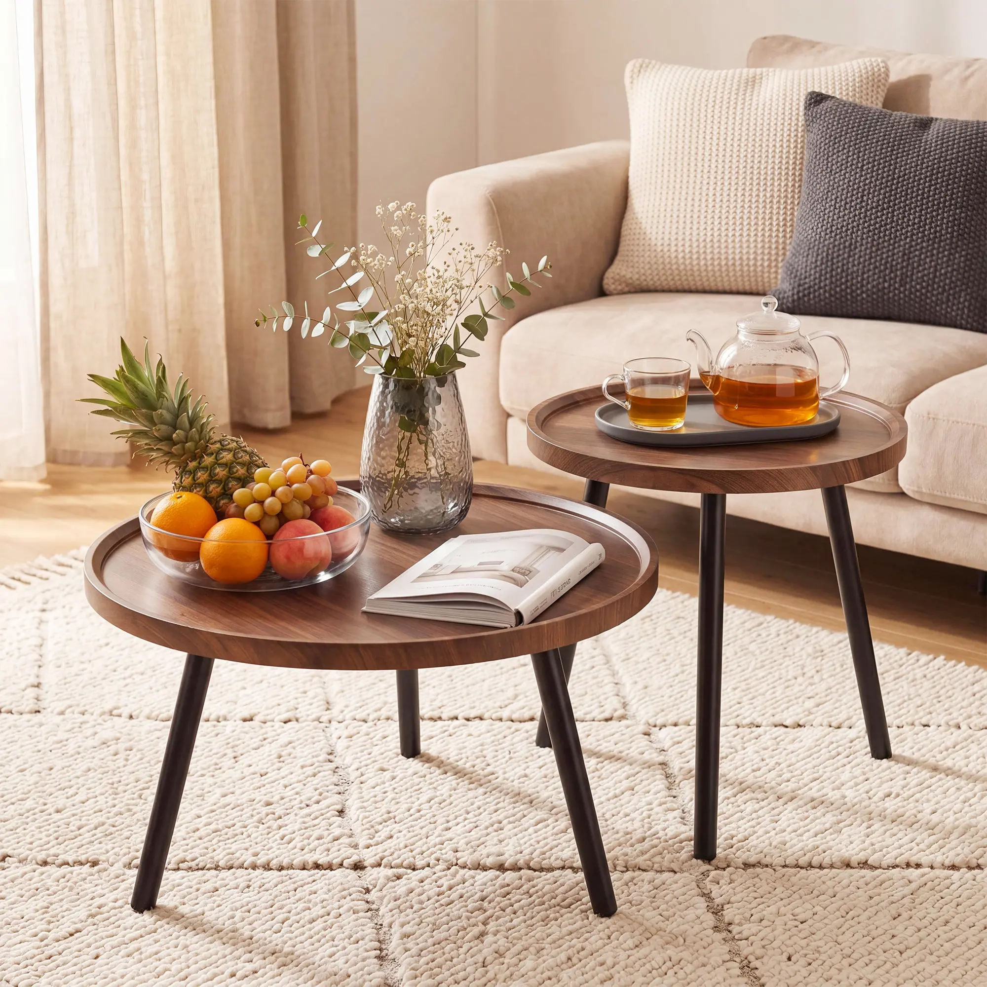 Modern Nesting Coffee Table Set of 2 for Living Room – Round Wood and Metal Accent Tables – Space-Saving, Easy Assembly, Walnut/Natrual Wood