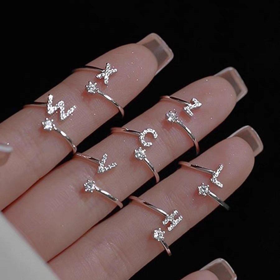 Silver Initial Rings for Women Non Tarnish Dainty Stackable Rings for Women Trendy Adjustable Capital Letter Cubic Zirconia Thumb Pinky Ring Unique Cute Open Birthday Gift Jewelry
