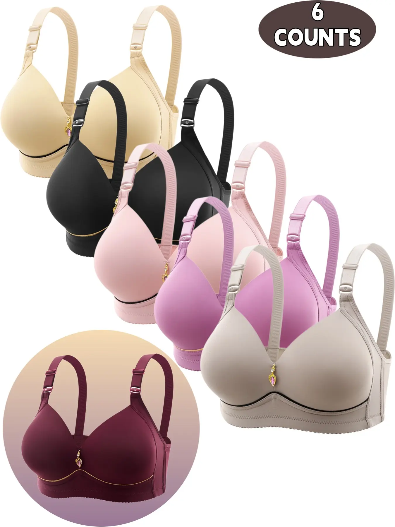 6-Pack Wireless Push-Up Bras, Seamless Comfort Fit, Breathable Soft Fabric, All-Season Wear, Full Coverage, Plain Design