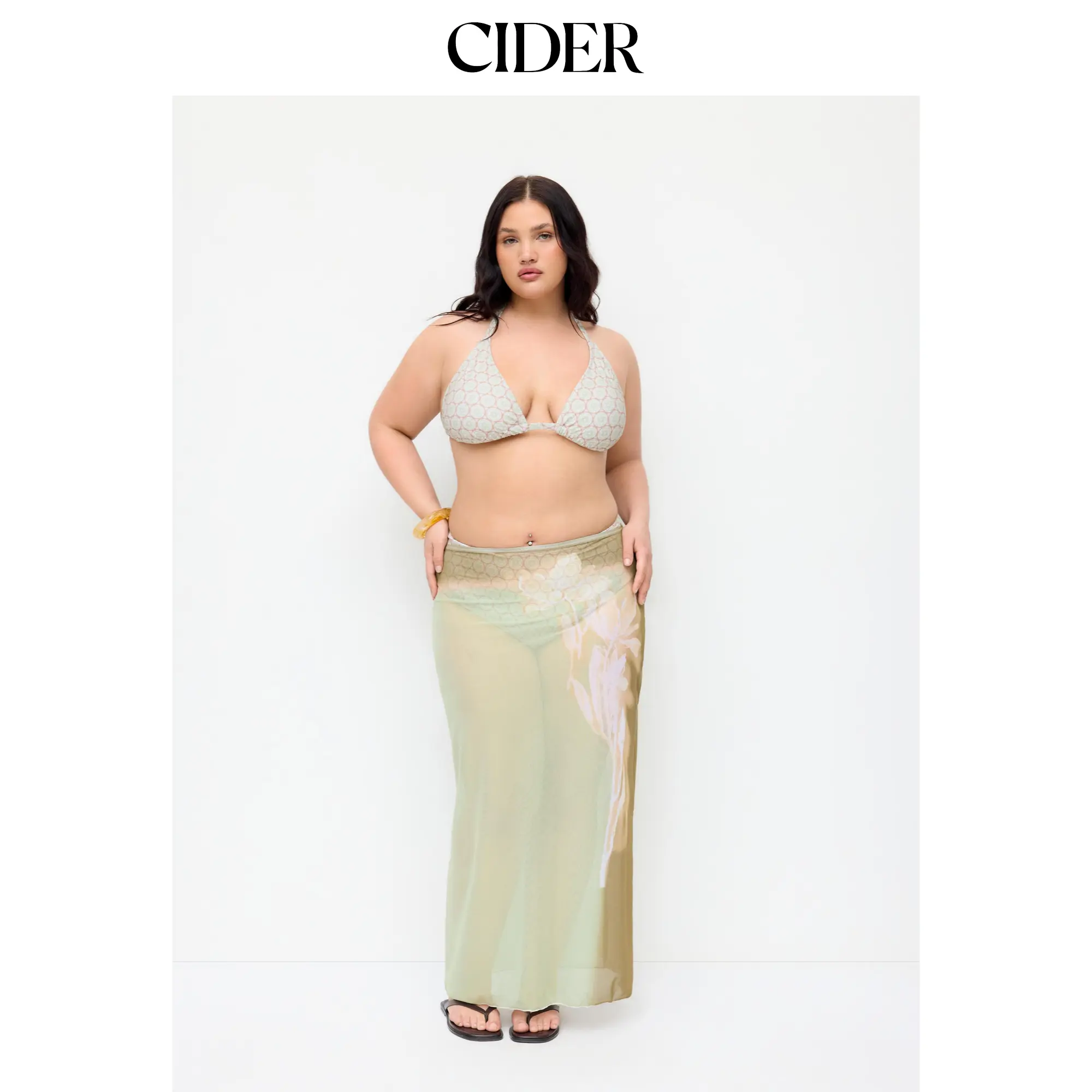 Cider Halter Neckline Geometric Floral Triangle Bikini Set With Sheer Skirt
