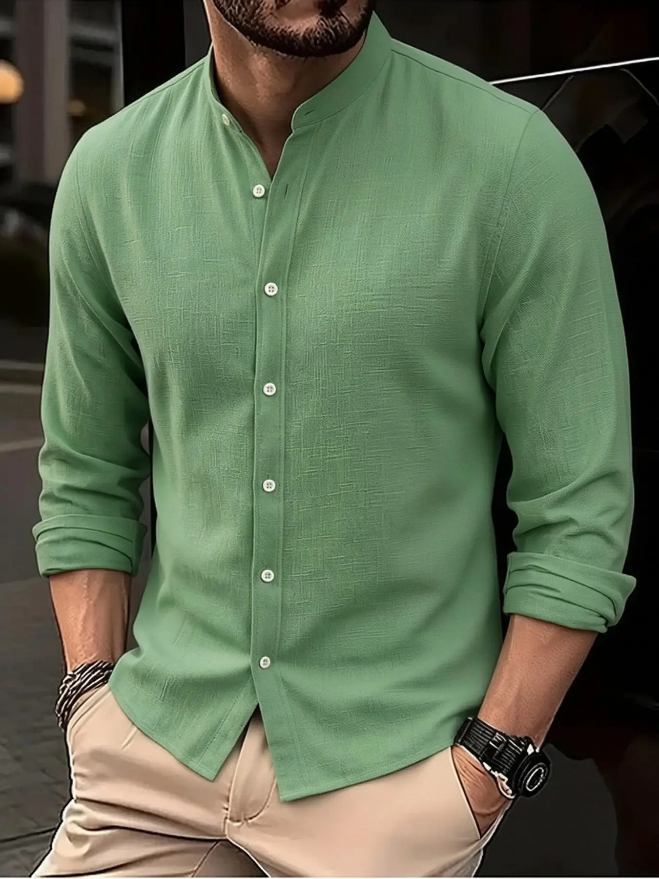 Men's Mandarin Collar Long Sleeve Button Shirt, Polyester Blend, Wrinkle-Resistant, Casual Business Wear, Classic, Fall & Winter Fashion