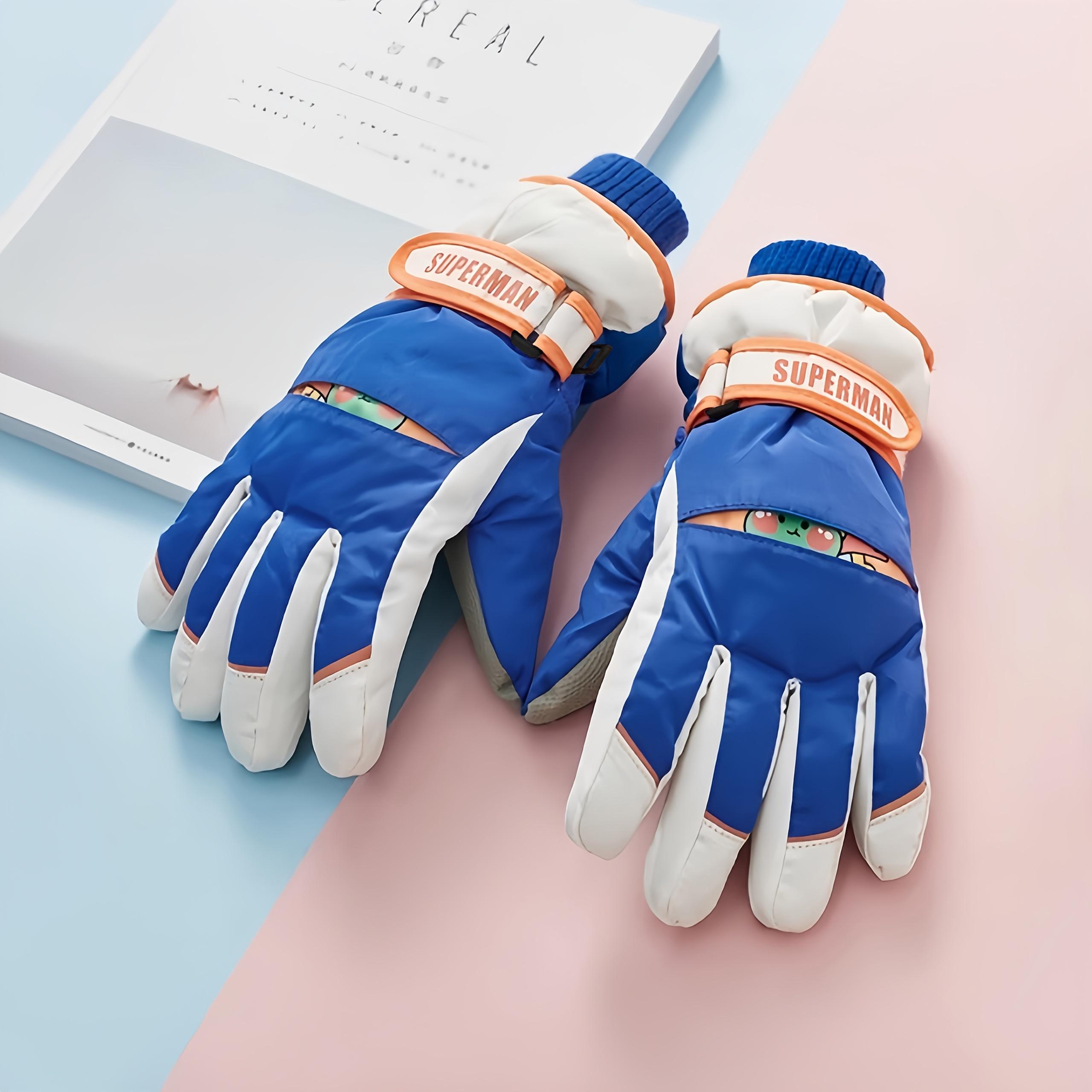1-Pair Winter Ski Gloves - Cold Weather Thermal Gloves with Wrist Strap & Color-Coded Tips, Soft Plush Inner Lining - Ideal for Skiing, Snowboarding, Snowplay - Boys & Girls Ages 6-10 Years - Multi-Color Options (Blue, White, Black, Orange, Green, Pink, G