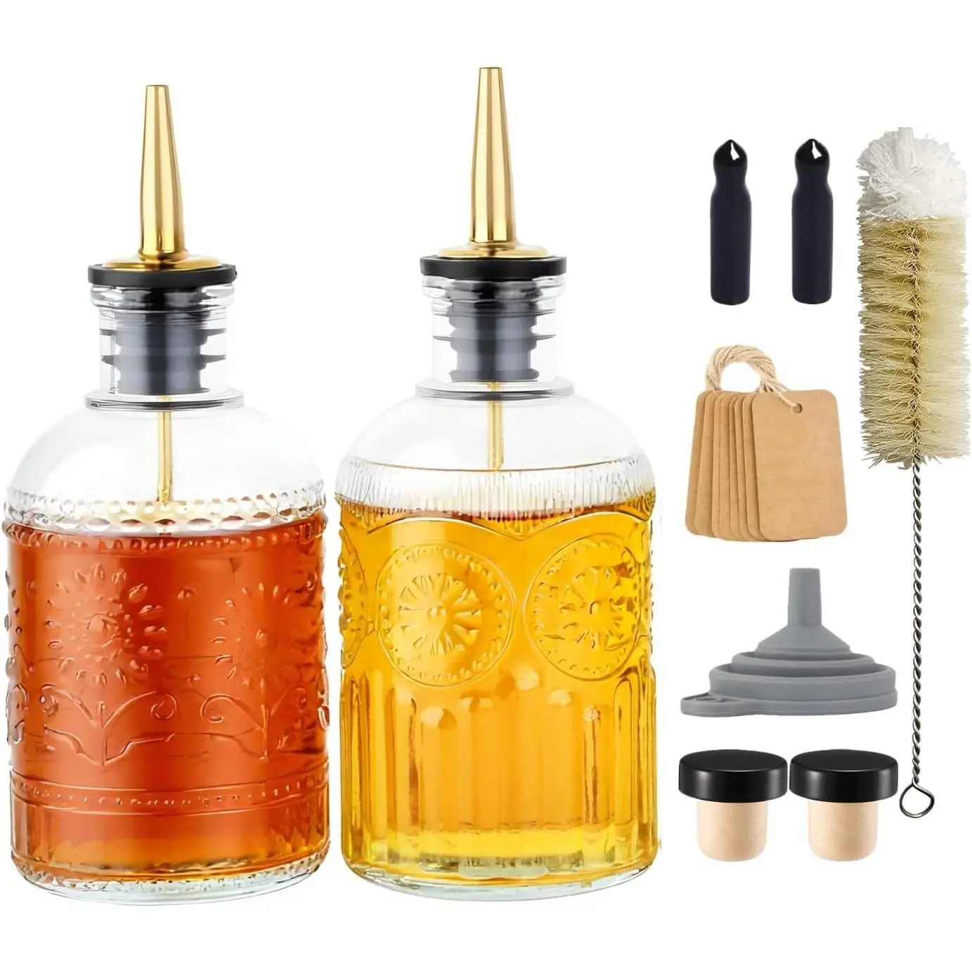 Simple Syrup Bottles Set of 2, Glass Coffee Syrup Dispenser Bottles 7 OZ With Metal Pour Spout, Labels and Stopper, Glass Syrup Dispenser for Maple Honey Syrup Oil and Sauces, LC002