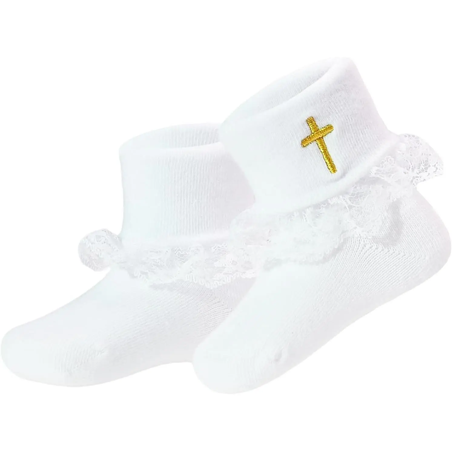 Baptism Socks for Newborn Baby White Turn Cuff Cross Ruffle Socks Christening Outfits for Boys Girls