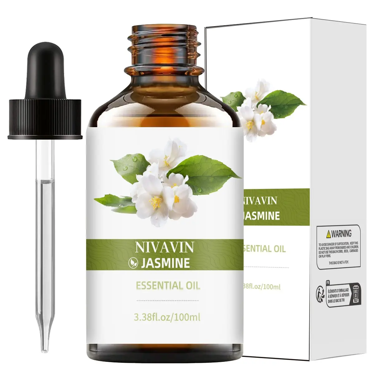 NIVAVIN Jasmine Essential Oil 100ml, Aromatherapy, is made from 100% pure natural plant extracts. It has a delicate fragrance, purifies the air, has a long-lasting scent, and promotes relaxation and sleep. Suitable for home, office use