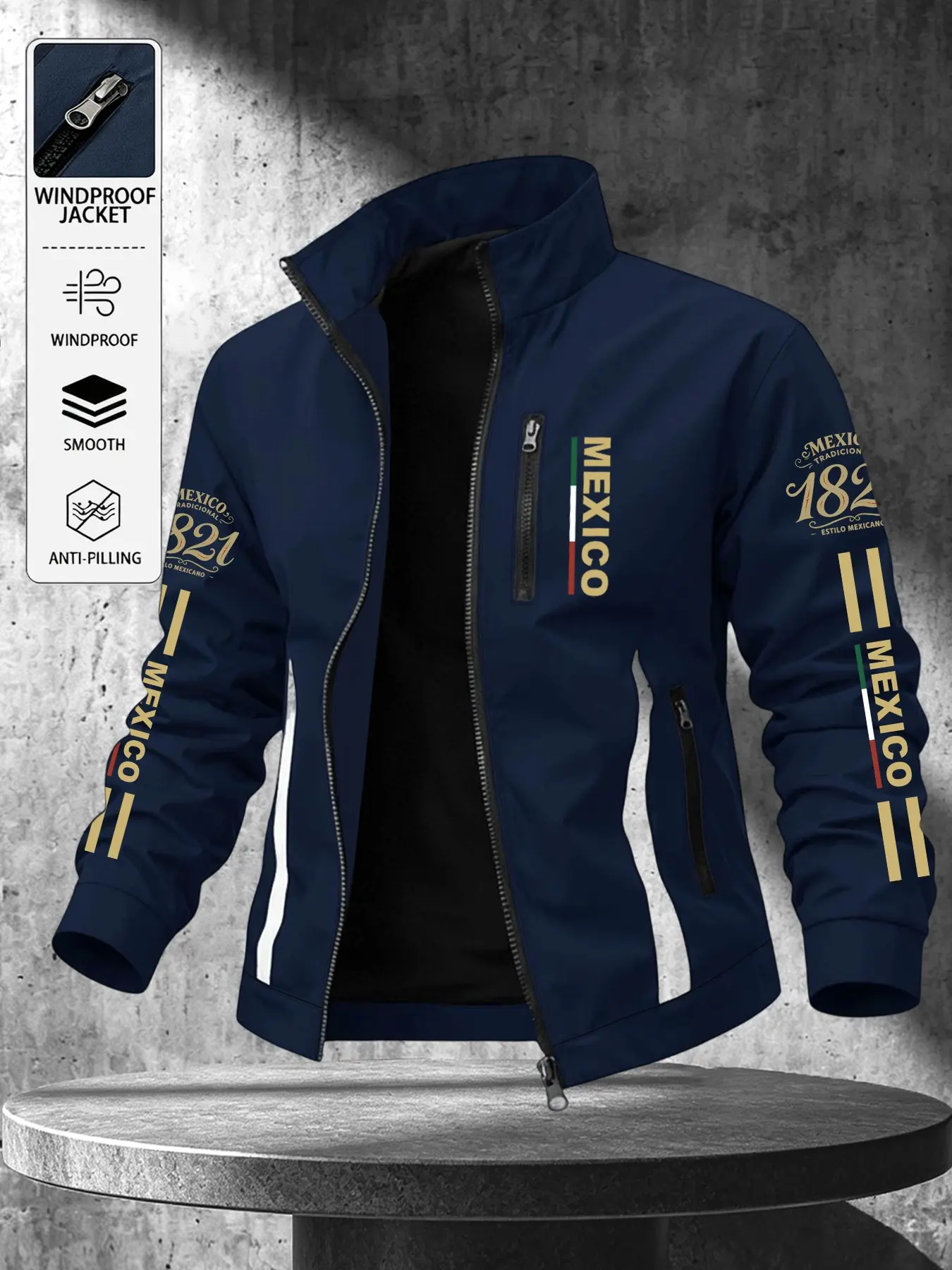 Men Windproof Anti‑Pilling Smooth Stand Collar Jacket, Mexico 1821 Letter & Flag Graphic Print Full‑Zip Outerwear With Multi Zipper Pockets Casual Sports Coat, Casual Outdoor Outerwears