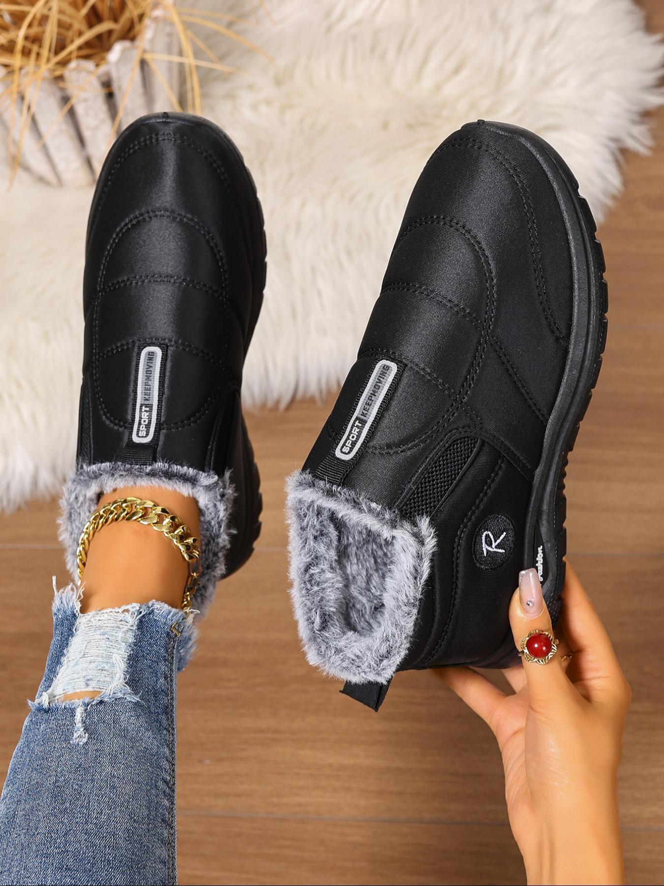 Women's Waterproof Solid Plush Lined Short Boots, Casual Warm Boots, Slip-On Soft Sole Non-Slip Winter Booties for Outdoor & Indoor Comfort, Lightweight Warm Slip-Ons