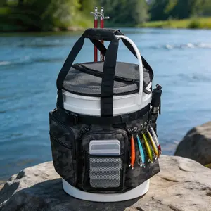 Fishing Bucket Storage Bag, Camouflage Design with Rod Holder, Fits Most 5-Gallon Buckets, Organizes Bait, Reels, and Gear