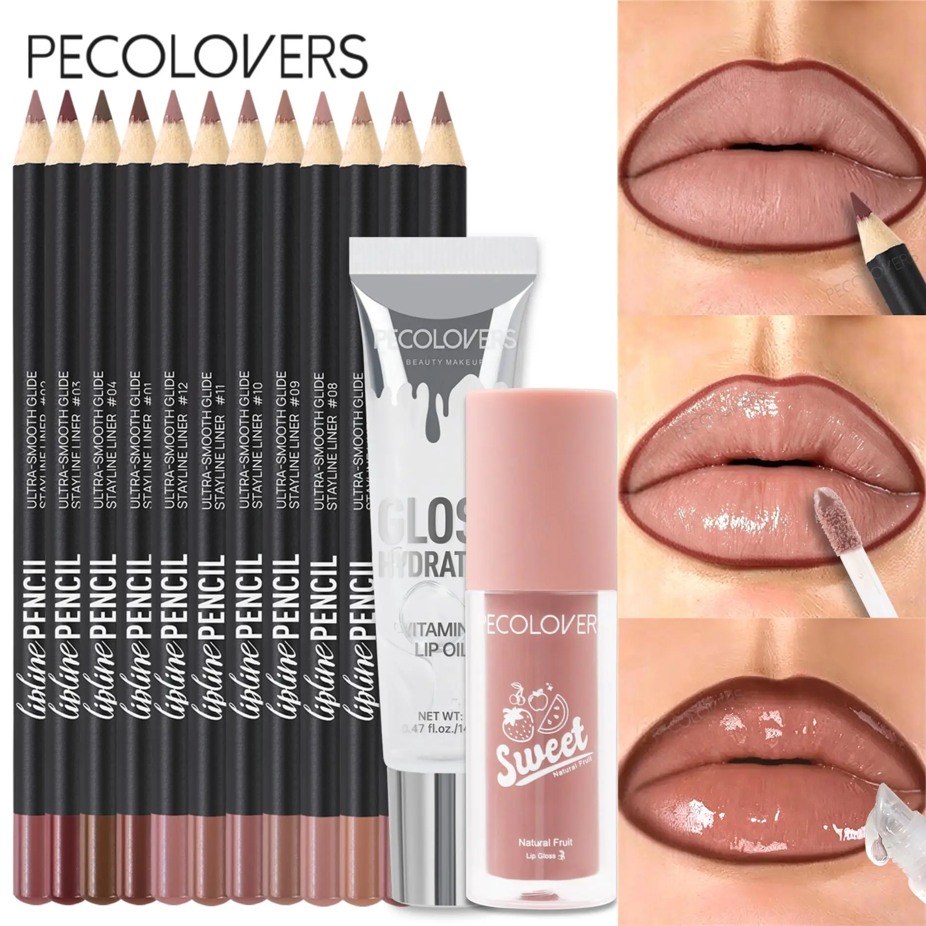14pcs/set,12 Boxed Lip Liners & Glossy Tube Lip Glaze & Nude Pink Lip Gloss,Long-lasting Gel Rotary Lip Liner,Waterproof & Sweat-Proof Lip Liner Pen,beginner-friendly, Easily Create Flawless Lip Shapes