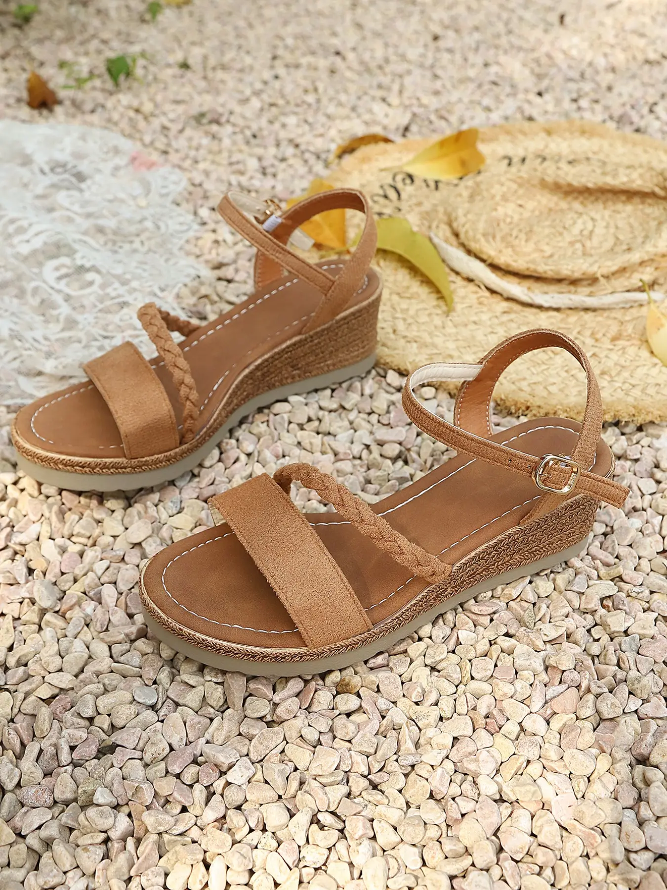 Women Wedge Sandals Open Toe Summer Sandals Trendy Braided Strap Espadrille Platform Wedges Adjustable Ankle Buckle Casual Vacation Beach Daily Outfits 2 Colors Black Tan