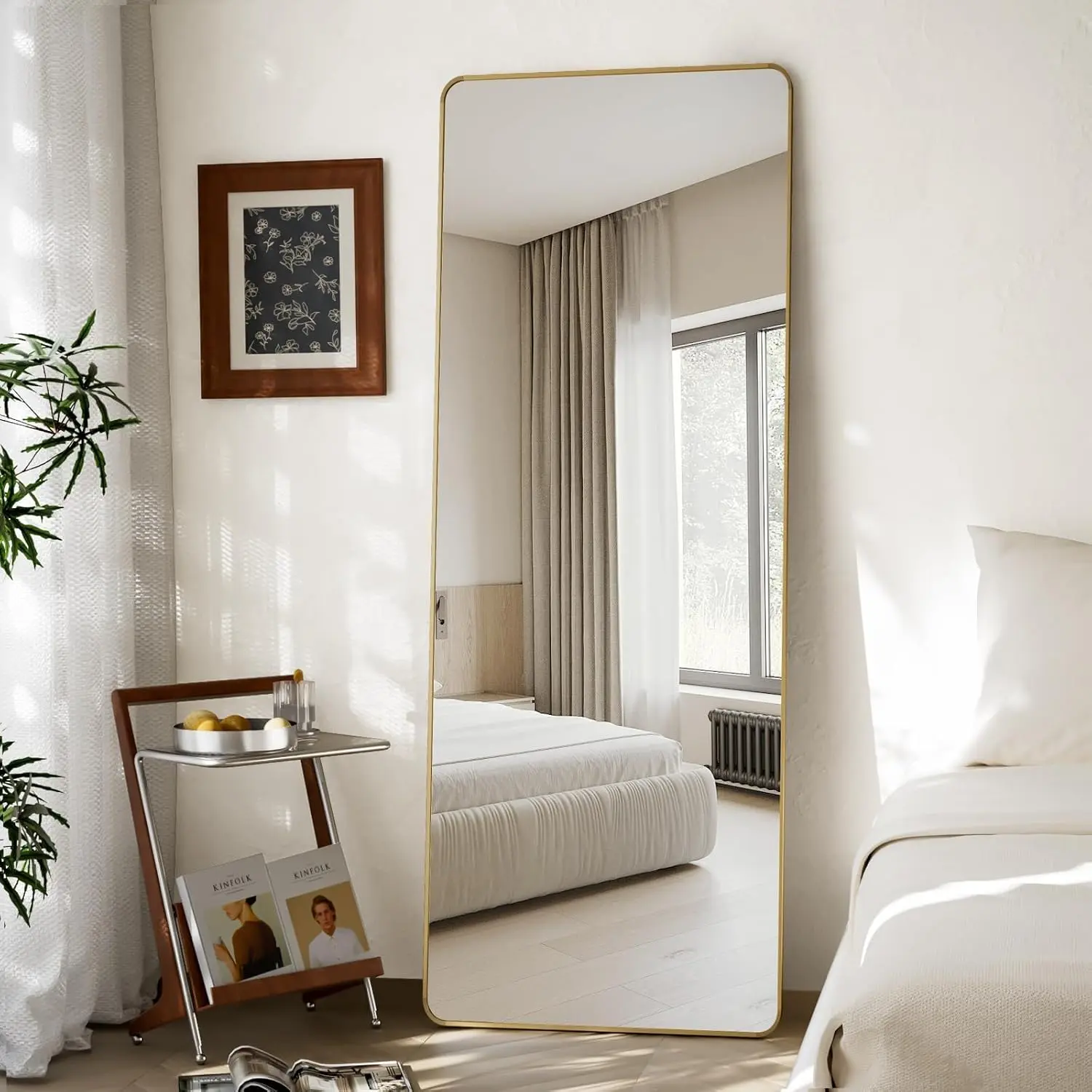 Round Corner Mirror Full Length, 21" x 56" Floor Mirror with Stand, Matte  Alloy Frame Full  Mirror, Standing  or Leaning for Bedroom and Living Room,