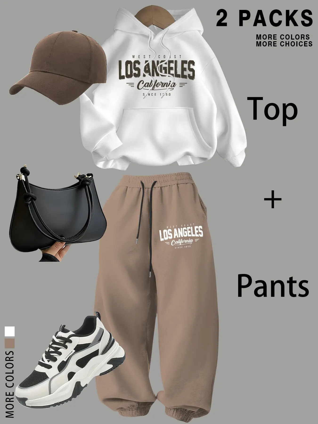 TikTok Viral 2 Piece Women Los Angeles Letter Print Athleisure Tracksuit, Oversized Hoodie + Drawstring Jogger Pants Set, Vintage West Coast Graphic Casual Sweat Outfit, Y2K Streetwear Loungewear Matching Sets For Teen Girls Daily Campus 2026 Hot Fashion