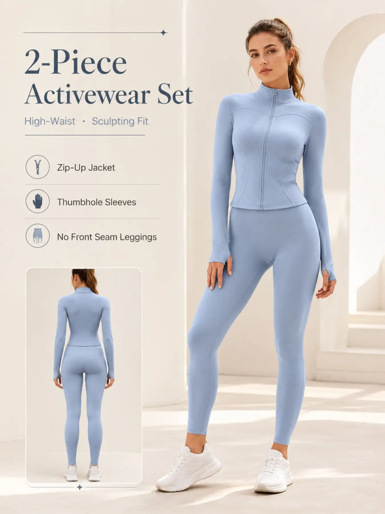 Women's 2 Piece Pilates Workout Outfit, Stand Collar Full Zip Slim Jacket With Thumb Holes, High Waist Butt Lifting Tummy Control Compression Leggings, Fashion Casual Athletic Sports Set For Yoga Gym Running Daily Wear