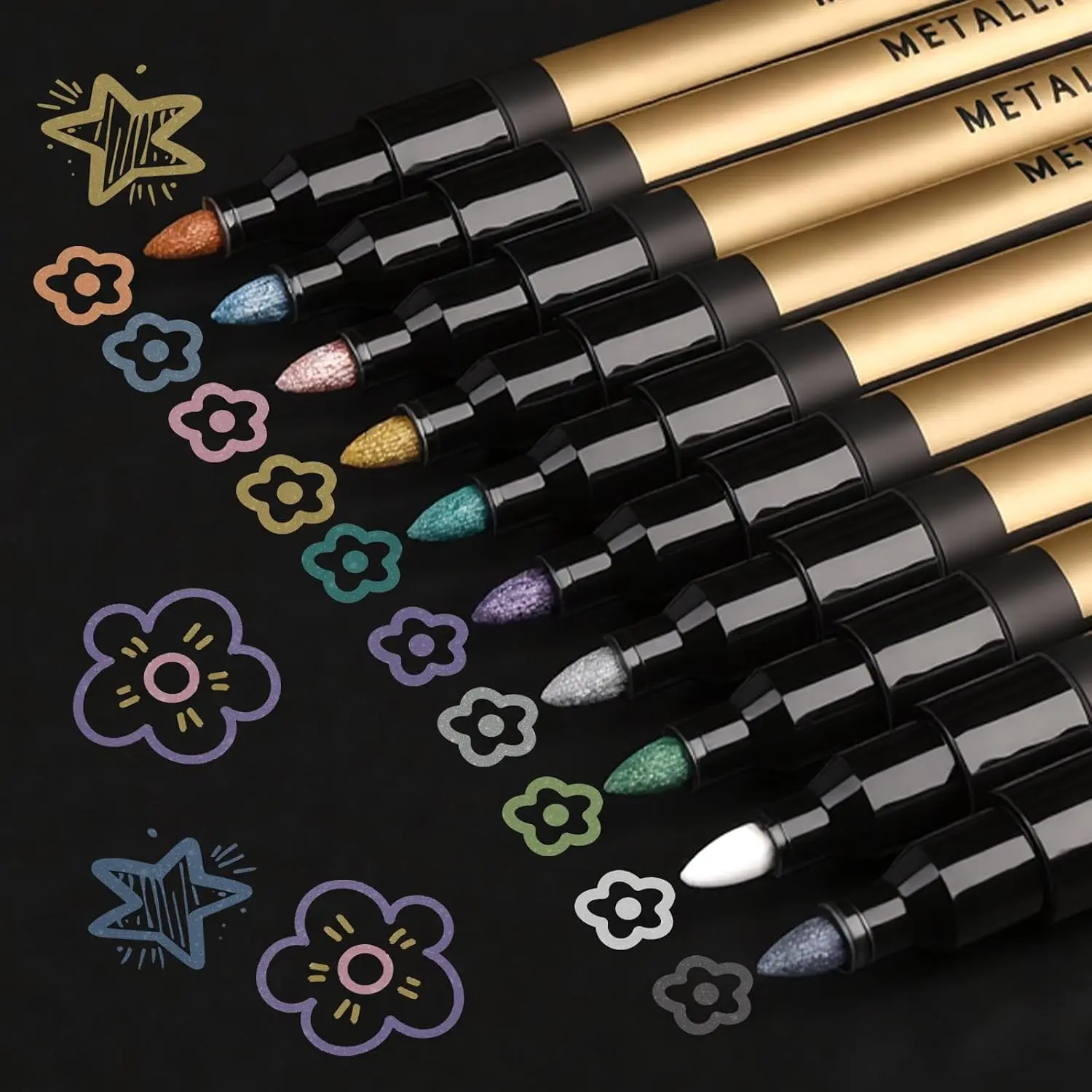 10 Color Metallic Markers, Glitter Metallic   Pens | Permanent Sparkle Markers For Rock Painting, Black Paper Crafts, Card Making, Scrapbooking, Glass, , Metal, Ceramic