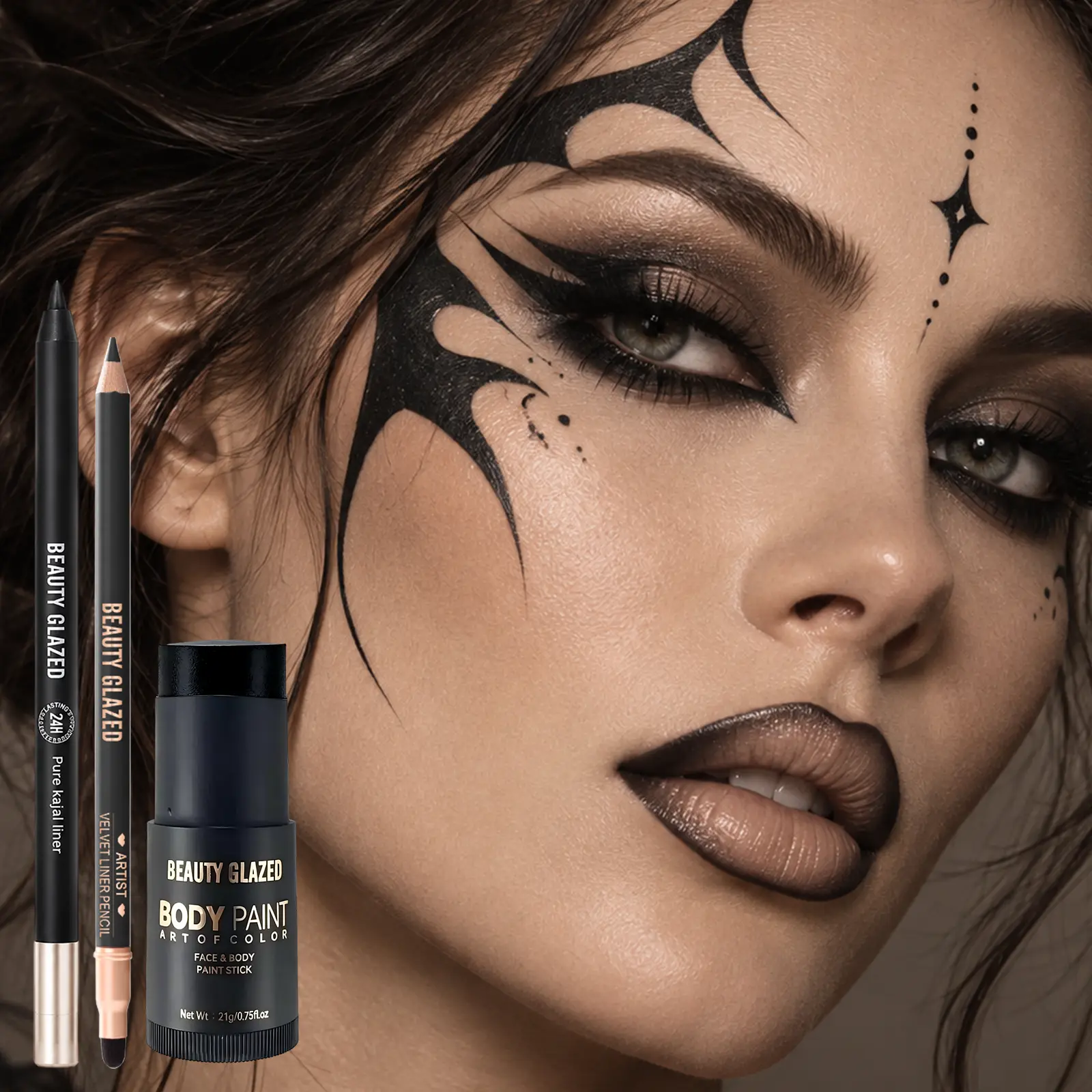 Halloween Face&Body Paint Makeup Set, 3Pcs Kit Available in Black or White,  Highly Pigmented Waterproof Long Lasting, for Spider Web, Moon Star, Vampire, Angel, Witch SFX Art, Ideal for Halloween Party, Cosplay, Carnival & Stage Special Makeup