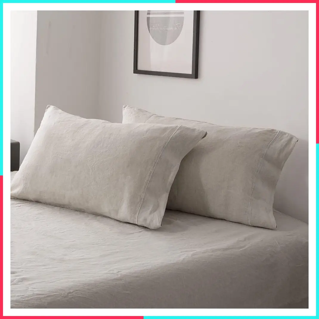 100% French Linen Queen Size Pillowcase Set of 2 - Washed Solid Color Embroidered Pillow Cases - Soft & Durable (20''x30'')