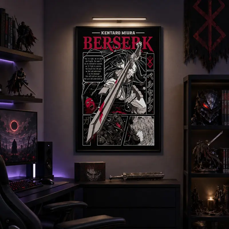 Berserk Guts Anime Canvas Wall Art Print - Kentaro Miura Dark Fantasy Manga Panel Graphic, Seinen Fan Collectible, 1-Piece Gallery Wrap Wood Frame, Multi-Size Removable Border Home Decor for Bedroom,Gaming Room