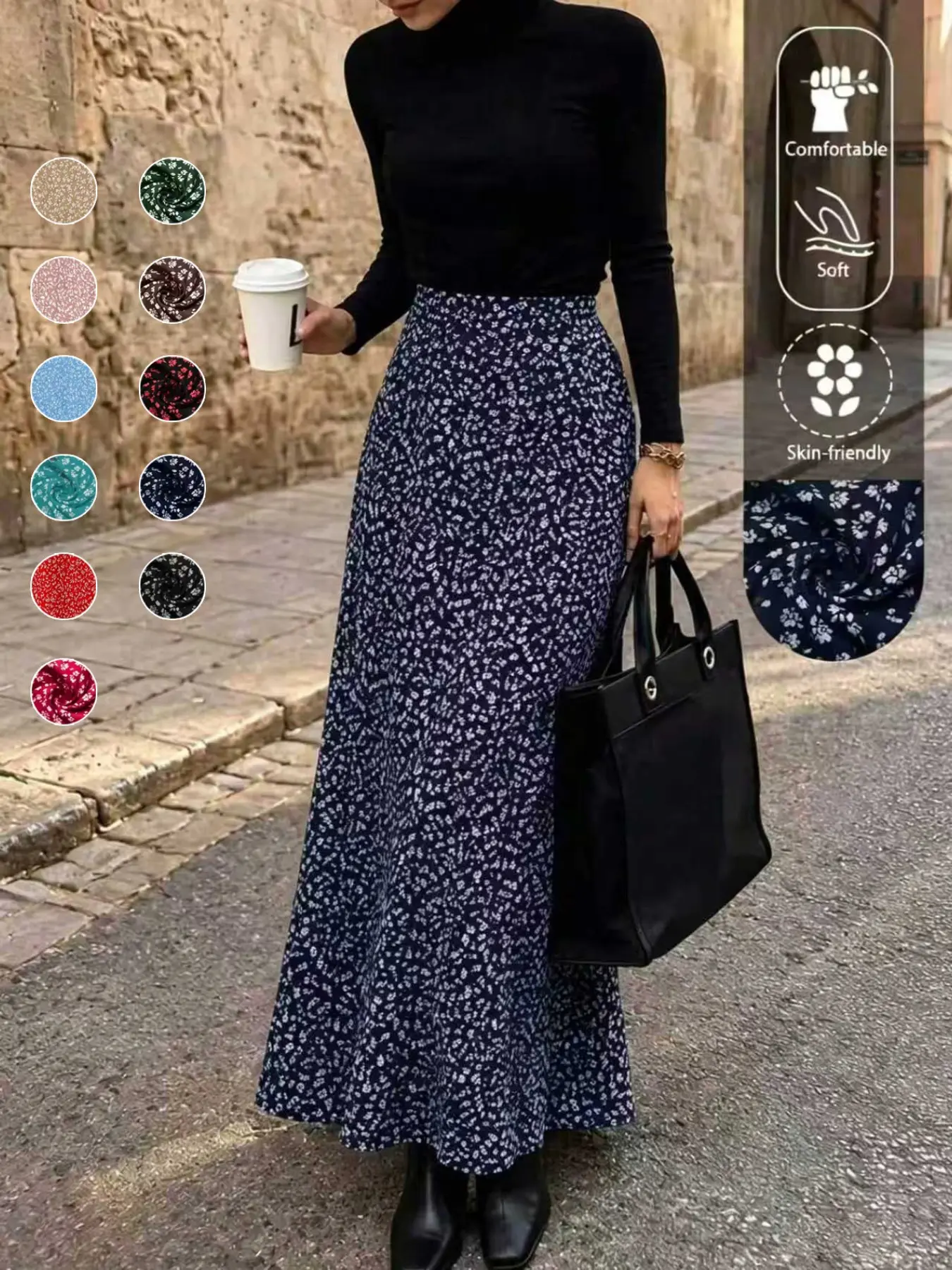 Women's High Waist A-Line Long Skirt, Ditsy Floral Pattern, Loose-Fitting, Elastic Waist, Casual Summer Skirt, Vintage Style
