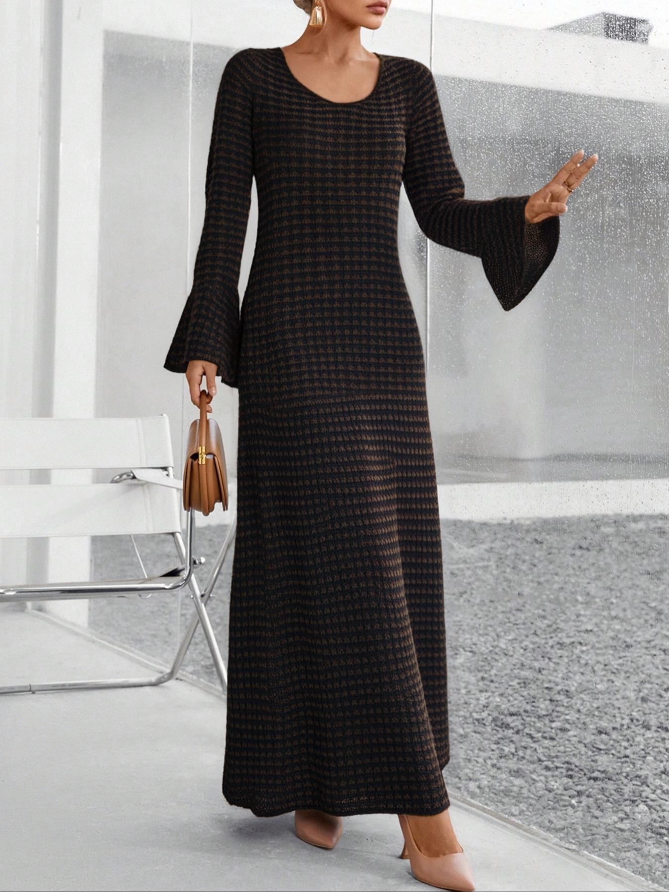 Women's Knit Elegant Commuter Dress, Fall & Winter Striped Round Neck Flare Sleeve Long Skirt, Loose Fit Sweater Dress (pattern Random)