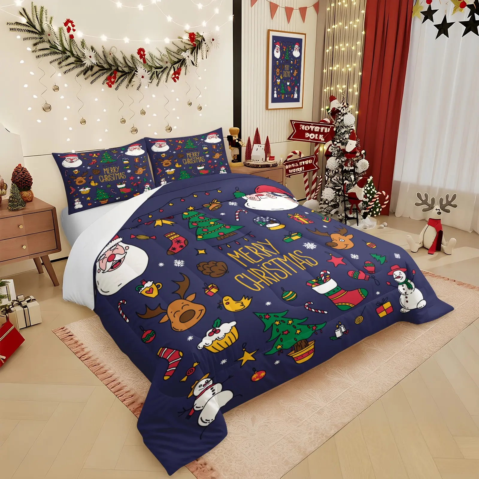 2/3Pcs Cute Christmas Comforter Set, Purple Cartoon Santa Snowman Tree Print Bedding Set for Kids Bedroom, 1 Comforter & 1/2 Pillowcase, Soft Fluffy Holiday Bed Decor for Teens Family, No Pillow Insert, Printed Bedding Set