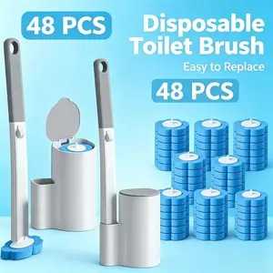 Disposable Toilet Brush and Holder Refill Set with ABS Material, 48 Cleaner Refills, Extended Handle, Compact Head, Easy Clamping, Deep Cleaning, Low-Maintenance for Toilet Bowl, Bathroom Cleaning