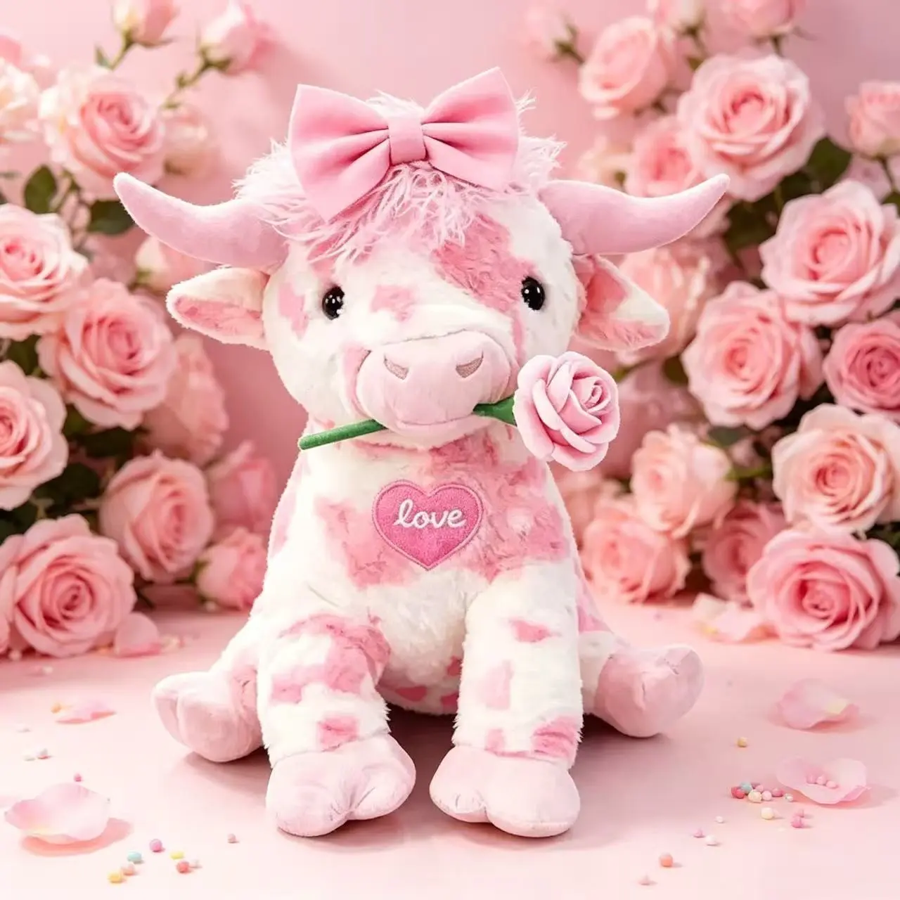 Spotted Highland Cow Plush Ornament, Romantic Valentine Decor, Fluffy Cow Figurine with Rose & Bow, Aesthetic Home Decor, Sweet Holiday Gift