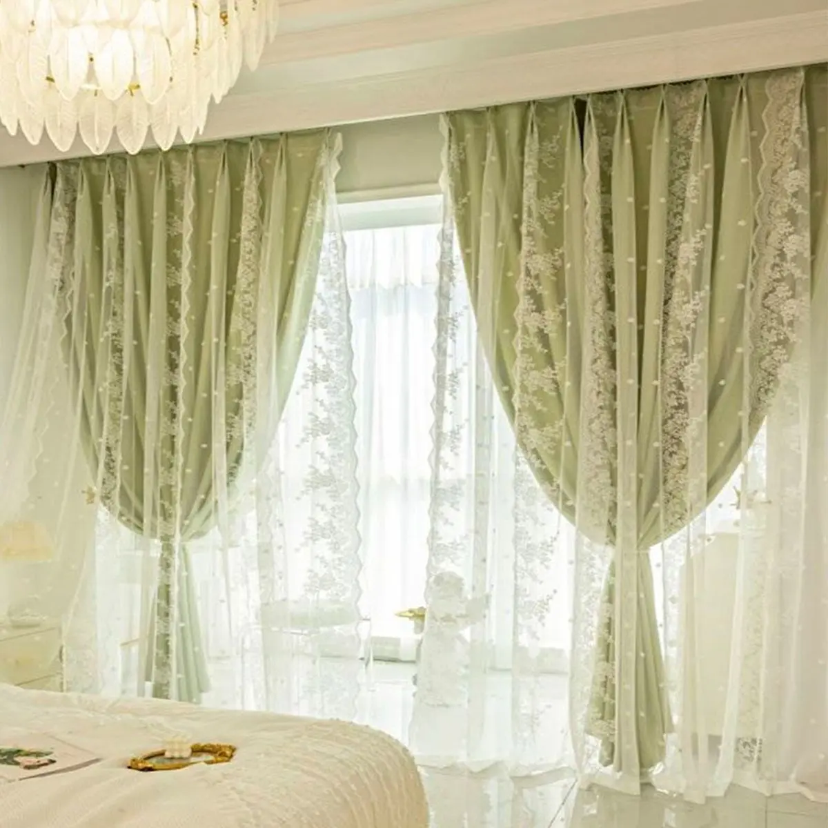 2 Piece Matcha Lace Trim Double Layer Pierced Curtains, French Country Style, Sheer Light-Blocking, Bedroom & Living Room Decor