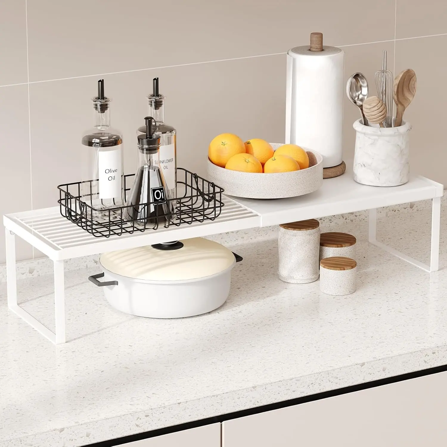 Expandable Cabinet Shelf Organizer, 2 Pack Stackable Kitchen Counter Shelf Riser, Metal  Rack Heavy Duty Countertop Organizer Storage for Kitchen, Pantry, Cupboard, Rv (5.9in Height,White)