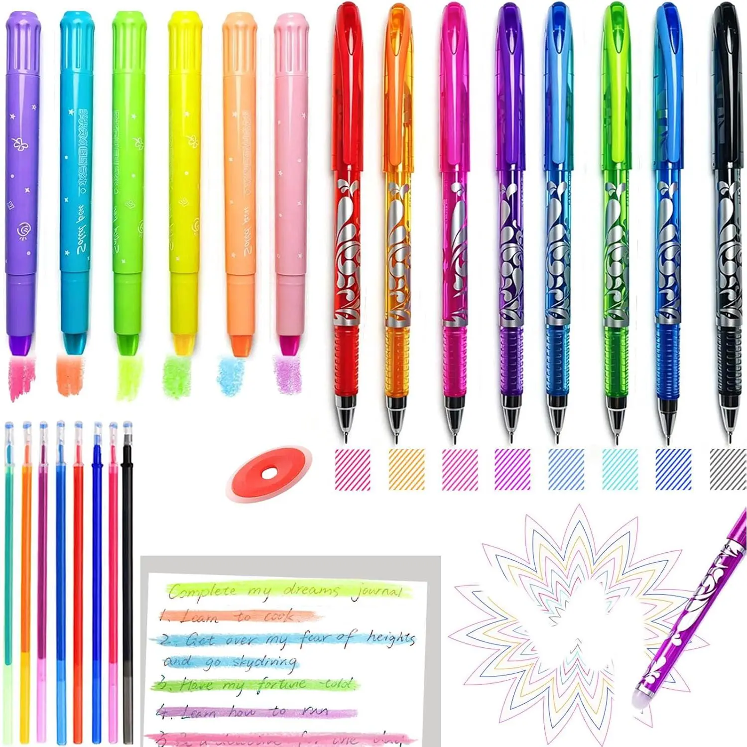 NoteTaking Supplies set Wax  Highlighters and  Erasable Pens | 23 count Aesthetic Highlighter and Erasable Gel Pen set ,  for  Study Journaling Planner Notes School Supplies.