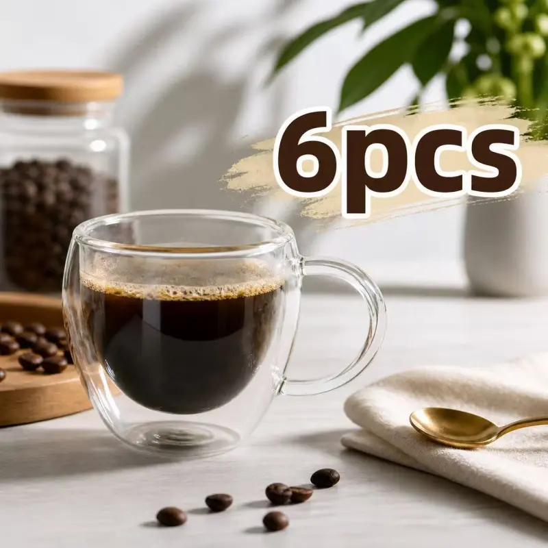 Set of 6 double-glazed insulated glass coffee cups, resistant to heat and cold, high-appearance household/office tea and coffee cups, Iced Coffee Cups, Drink Cup