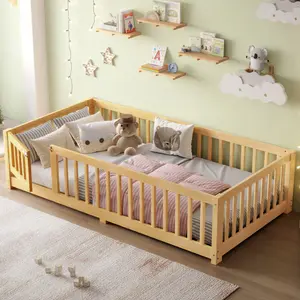Twin Size Natural Pine Montessori Floor Bed, Rectangular Full Surround Guardrail Removable Side Door Detachable Plywood Slat 350LBS High Load No Box Spring Sleep & Play Kids Bed Easy Assembly, Safe Sleep Bed, Floor Bed Toddler