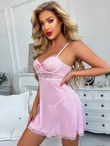 Women's Sexy Lingerie Set, Lace Trim Vacuum Mesh Dress, Two-Piece for Parties, Valentine's Gift, Sleepwear, Loungewear, Boyfriend Present