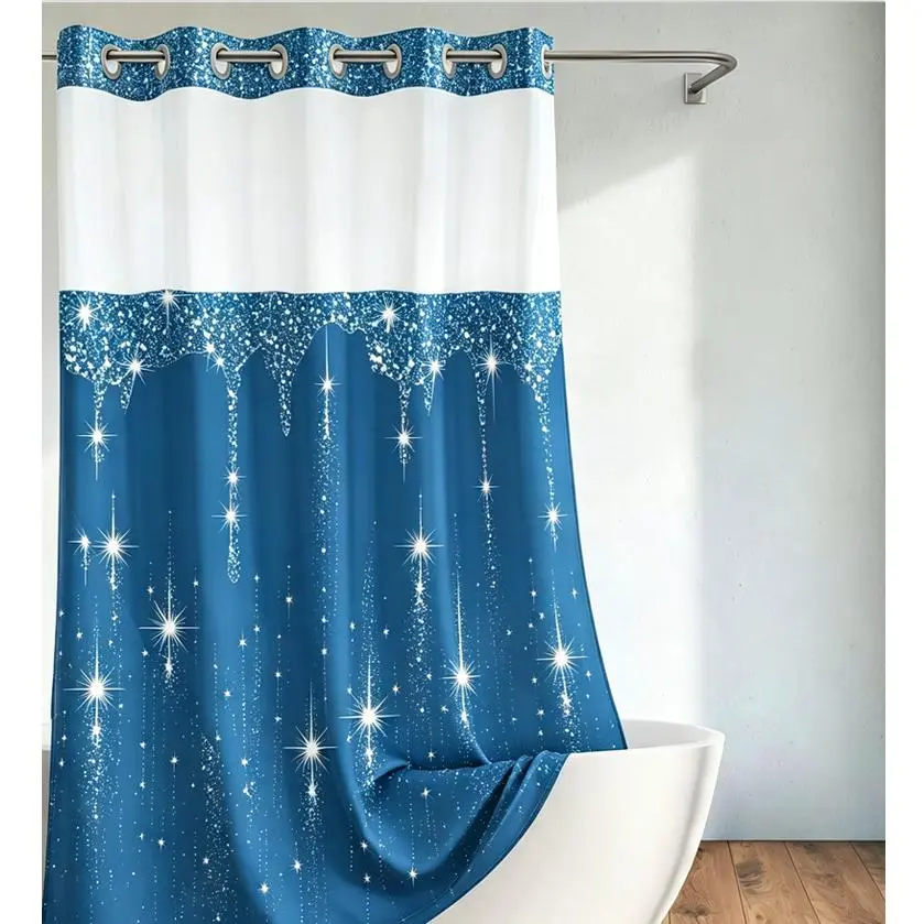 Hookless shower curtain with liner, blue glitter water-drop double-layer bathroom curtain, with mesh top window, luxury hotel style