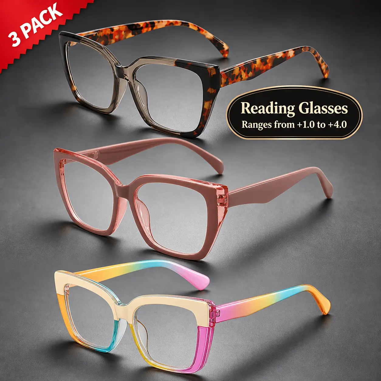 VIOLA MAG 3pcs Women'S Oversized Cat Eye Reading Glasses Set, 2 Fashion Styles Rainbow Gradient And Leopard Spliced Frame Anti Blue Light Presbyopia Eyewear 1.0-4.0 Reading Eyeglasses