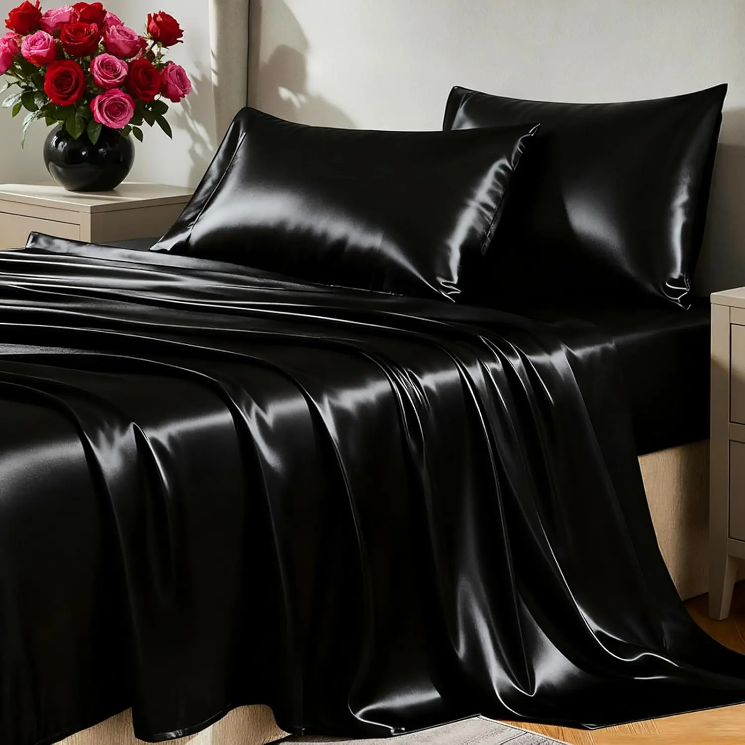 Satin Sheets Queen Size Bed Set - Silky Soft Bedding Similar to Silk, 4 Piece Sheet Set for Hair and Skin, Deep Pocket with All-Around Elastic, Home Decor for Bedroom, Black