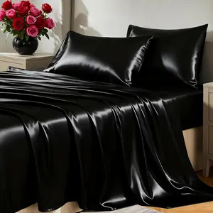 Satin Sheets Queen Size Bed Set - Silky Soft Bedding Similar to Silk, 4 Piece Sheet Set for Hair and Skin, Deep Pocket with All-Around Elastic, Home Decor for Bedroom, Black