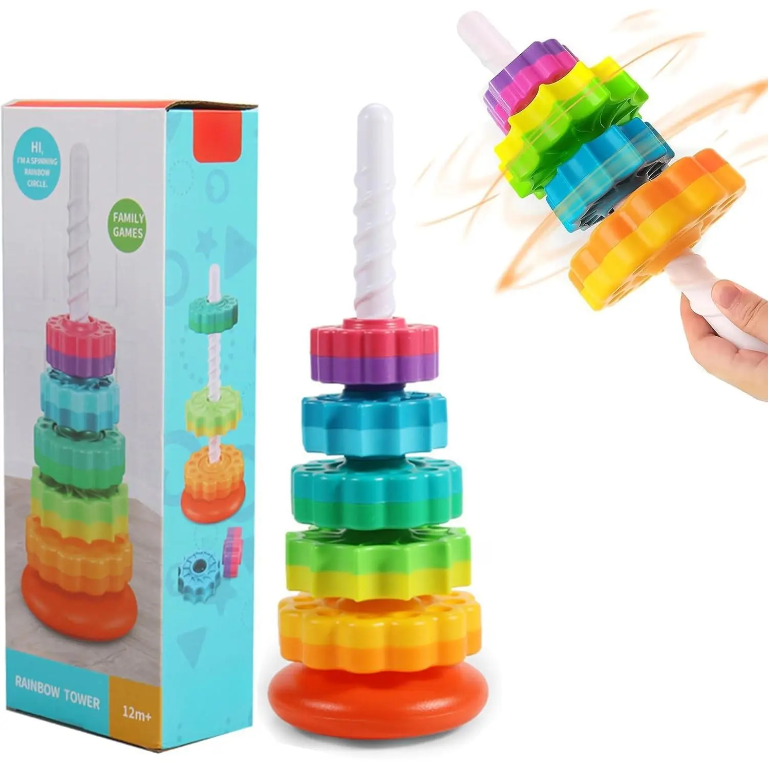 Unisex Montessori Educational ABS Plastic Baby Spinning Stacking Toy - Rainbow Color Ring Stacker for 6-12 Months (9-12 Months Inclusive), All Seasons Children Development Autism Sensory Toy (New Model), Learning
