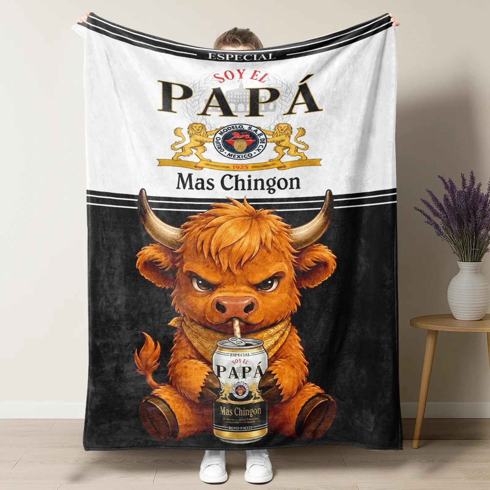 Soy El Papá Mas Chingon Highland Cow Modelo Especial Beer Label Flannel Blanket,Funny Mexican Spanish Quote Papa Gift Throw Blanket,Black White Two Tone Cozy Fleece Blanket for Latino Dad Fathers Day & Birthday Gift from Kids,summervibes