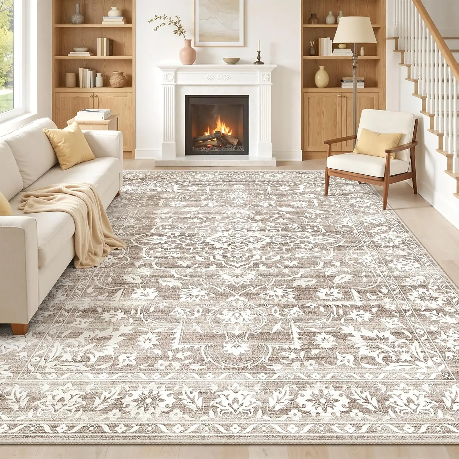 ComiComi Vintage Floral 8x10   Machine Washable Rug Area Rugs For Living Room,Water & Stain Resistant, Non-Slip Low Pile Thin Rugs for Bedroom, Carpets for Dinning Room,     Alfombras Para Sala,   Aesthetic Rugs, Home Decor